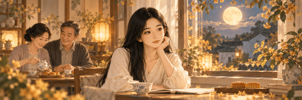 A gentle Mid-Autumn scene in a soft 2D illustrated style: a long-haired woman stands in warm moonlight, while her elderly parents appear in the distance, surrounded by an autumn atmosphere and a quiet feeling of longing, distance, and familial connection.