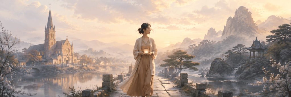 A woman holding a small light stands between a European church landscape and a Chinese mountain pavilion, symbolizing different ways of relating to faith, fate, and spiritual meaning.