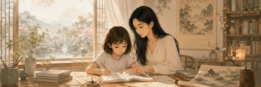 A mother and daughter reading and writing together in a bright, Chinese-inspired study, surrounded by books, calligraphy, and traditional landscape art.