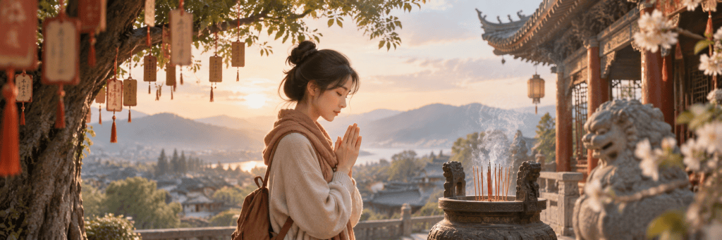 A Chinese woman praying beside a smoking incense burner in a sunlit temple courtyard, with traditional architecture, mountains, and wish plaques in the background.