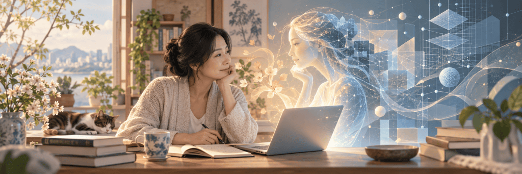 A woman writing beside a laptop while facing a glowing AI-like figure made of light, data points, and geometric structures, symbolizing the difference between human meaning and machine processing.