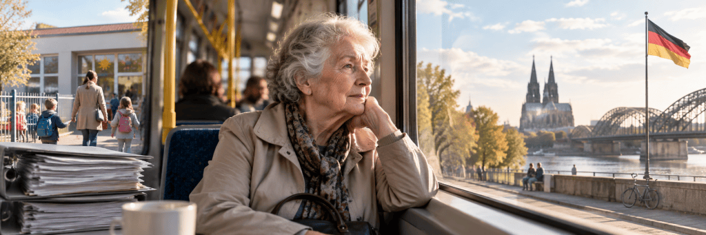 An elderly woman sits thoughtfully on a tram in Germany, looking out the window at a city scene with a kindergarten, river bridge, and public life unfolding outside.