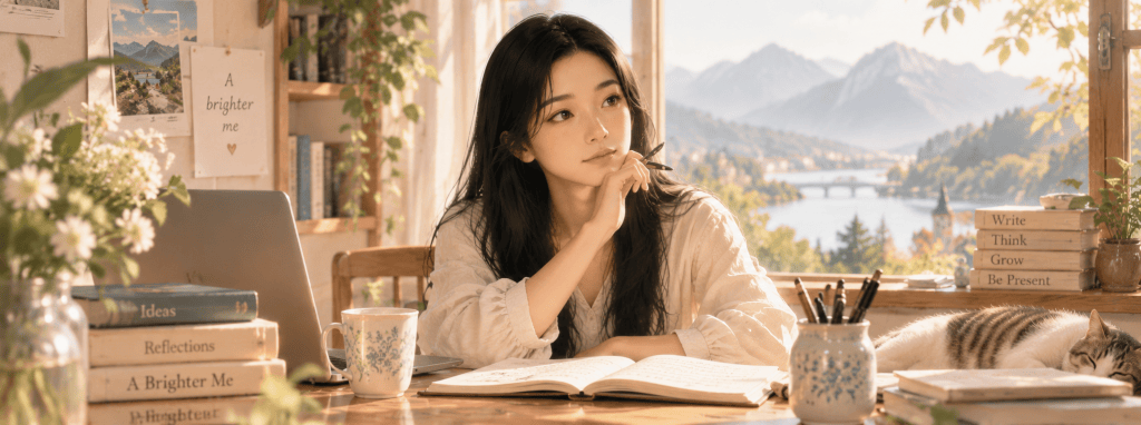 A young East Asian woman with long black hair sits at a sunlit desk with an open notebook, surrounded by books, plants, and a sleeping cat, while looking thoughtfully toward distant mountains.