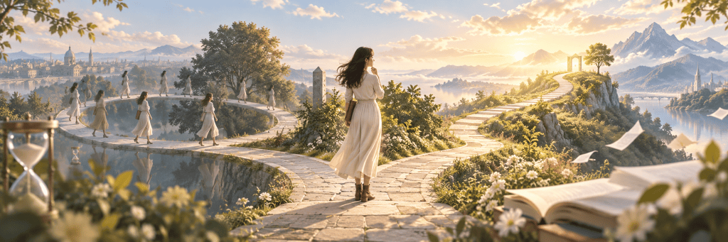 A woman stands at a crossroads in a sunlit dreamlike landscape. One path loops in circles with repeated versions of herself, while another leads toward a bright open horizon, symbolizing the difference between repetition and real change.