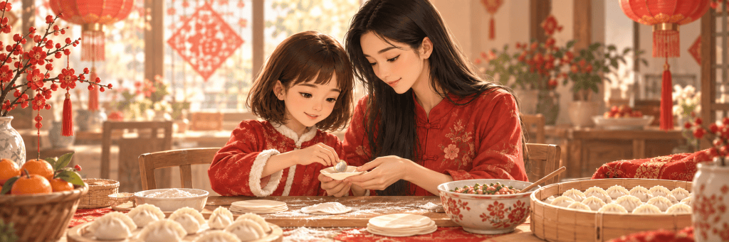 A warm, healing-style illustration of an Asian mother and daughter making dumplings together for Lunar New Year, placing a euro coin into one dumpling, with a festive Chinese holiday atmosphere and traditional clothing.