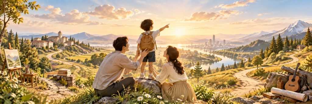 A mother and father gently supporting their child as the child looks toward several possible paths stretching into a bright landscape of mountains, a city, and open countryside.