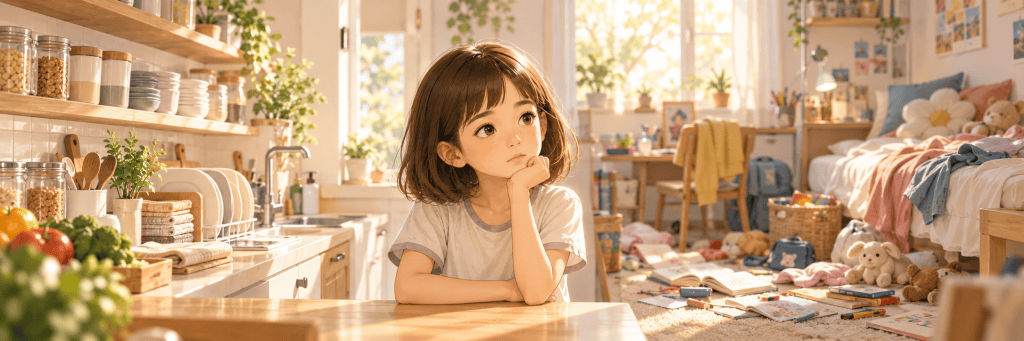 A young girl with short brown hair sits thoughtfully between a neatly organized kitchen and her cluttered bedroom, filled with toys, books, clothes, and craft supplies.