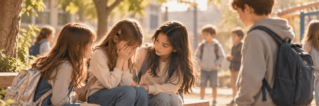 A warm, cinematic illustration of three school-age girls on a sunlit playground bench, with one girl crying while another comforts her, as a boy stands nearby in the background, suggesting a moment of friendship, protection, and emotional tension.