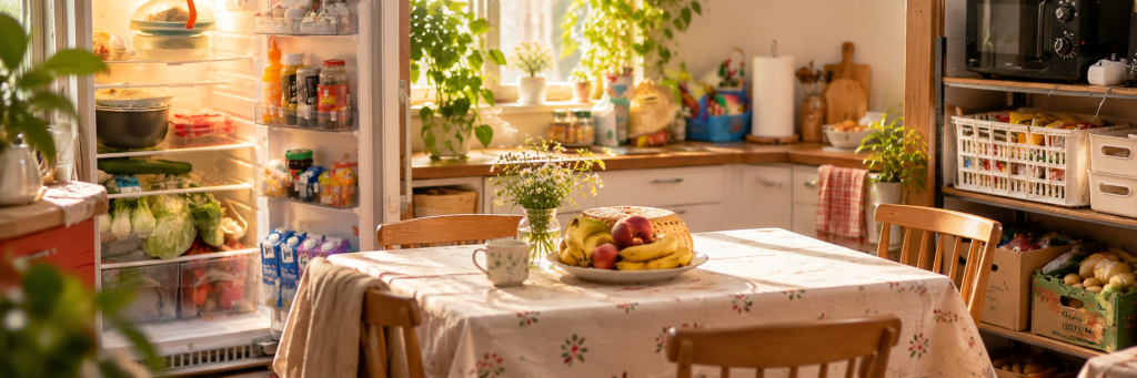 A warm, sunlit kitchen with a neatly organized open refrigerator, a tidy dining table with fruit, and carefully arranged household items, creating a cozy and welcoming family atmosphere.