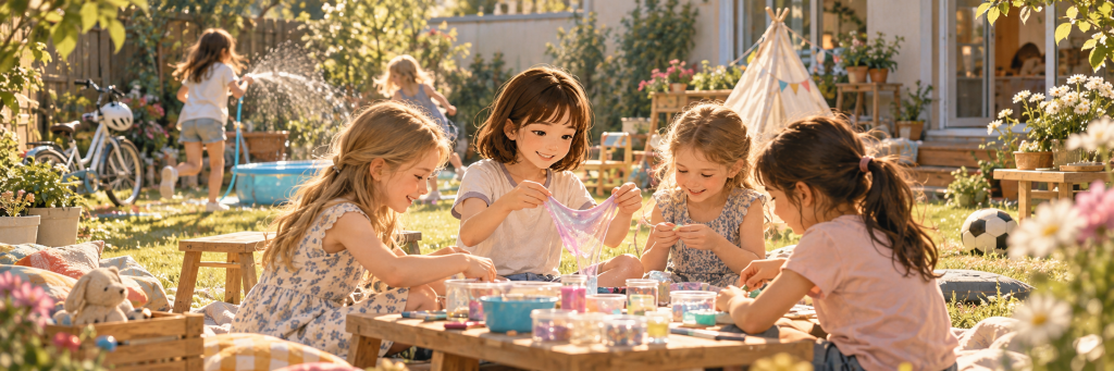 A warm, sunlit illustration of Alicia playing with several German children on a grassy backyard lawn. A small table, stools, toys, and play materials create a gentle scene of children inventing their own games outdoors.