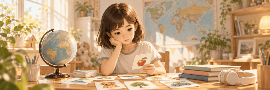A young multilingual girl sits at a sunlit table with language learning cards, a globe, headphones, and a world map around her, quietly working through different ways of learning and using language.
