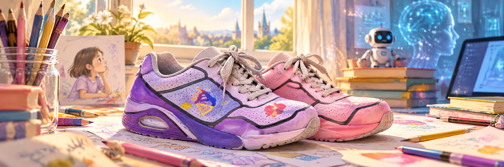 A pair of hand-painted pink and purple sneakers sits on a bright creative desk surrounded by pencils, drawings, books, and art materials, while subtle AI imagery and digital screens appear in the background.