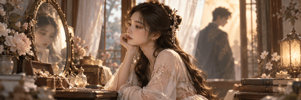 A softly lit, cinematic scene of a young woman sitting thoughtfully at a vanity by the window, surrounded by flowers, books, and jewelry, while a blurred male figure stands in the background.