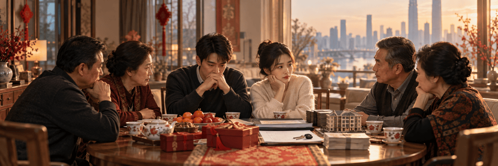 Two Chinese families sit around a table discussing marriage, with red gift boxes, documents, a house model, and money between them, suggesting the financial and family expectations surrounding marriage.