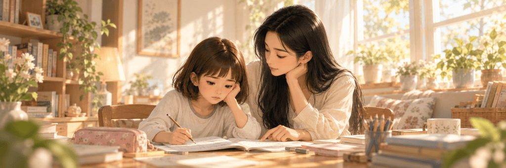 A warm, gentle illustration of a mother and her young daughter reading and studying together in soft sunlight, seated closely at a table in a calm home setting.