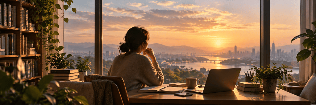 A woman sits at a desk by a large window at sunset, looking out over a river and city skyline, with a laptop, notebooks, books, and plants around her in a warm, quiet writing space.