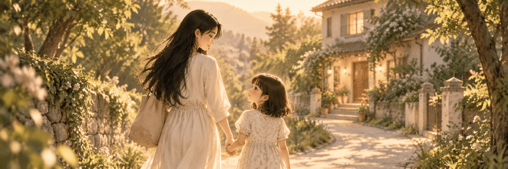 A mother with long black hair walks hand in hand with her young daughter along a quiet, tree-lined path toward a warmly lit home, surrounded by flowers and soft golden sunlight.