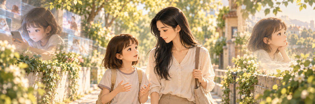 A mother and daughter walk together on a sunlit path, talking face to face, while soft background scenes suggest the child watching short videos and quietly reflecting on what she has seen.