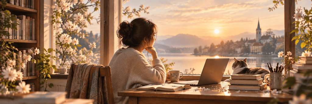 A woman pauses at her writing desk beside a sunlit window, with a laptop, books, and a cup of tea overlooking a peaceful lakeside town.