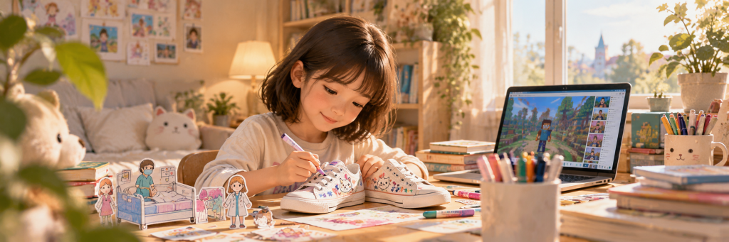 A young girl sits at a sunlit desk showing a handmade paper character to a phone camera, surrounded by craft supplies, drawings, books, and a laptop as she explores language through play and creative expression.