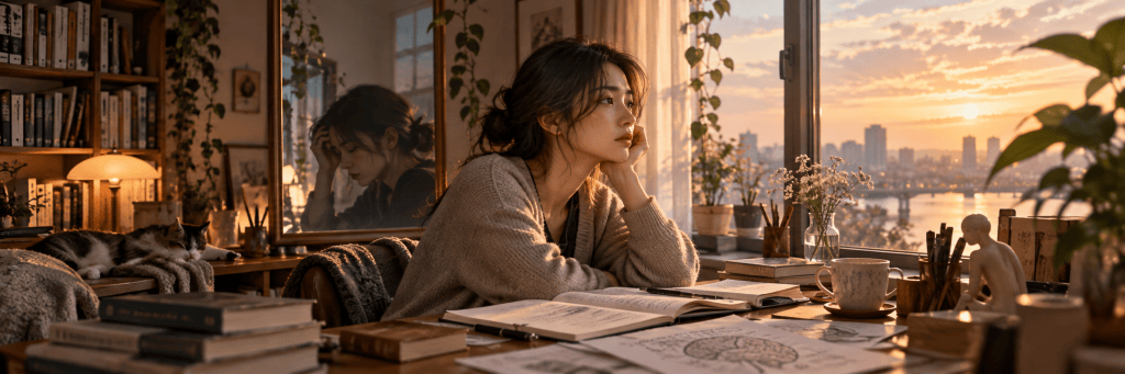 A reflective woman sits by a window at sunset, surrounded by books, notes, and psychology-related materials, while her faint reflection in the mirror suggests the distance between understanding pain and being able to heal it.
