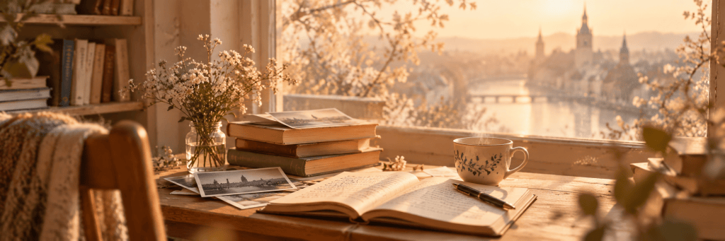 A warmly lit writing desk beside a window, with an open notebook, stacked books, old photographs, a fountain pen, and a cup of tea overlooking a softly blurred European city.