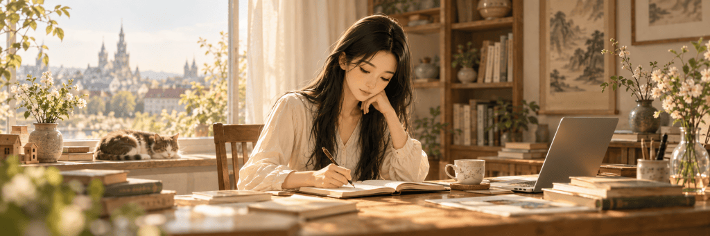 A young woman writes in a sunlit study, surrounded by books, a laptop, flowers, and a city view outside the window, creating a calm and reflective atmosphere.